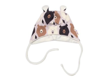 Baby Nellys Kojenecká čepička s oušky na zavazování - Medvědi, hnědá (Velikost 56/62 (0-3m))