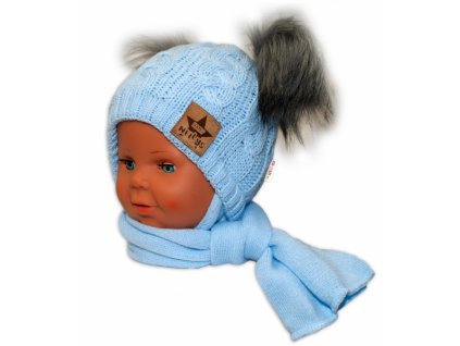 BABY NELLYS Zimní čepička s šálou - chlupáčkové bambulky - modrá, šedé bambulky (Velikost koj oblečení 68-86 (6-18m))