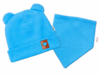 Baby Nellys Žebrovaná dvouvrstvá čepice s oušky + šátek TEDDY - modrá (Velikost koj oblečení 68/74 (6-9m))