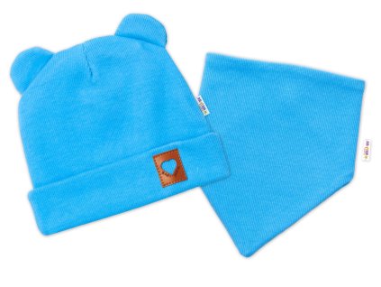 Baby Nellys Žebrovaná dvouvrstvá čepice s oušky + šátek TEDDY - modrá (Velikost 68/74 (6-9m))
