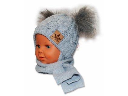 BABY NELLYS Zimní čepička s šálou - chlupáčkové bambulky - šedá, šedé bambulky (Velikost koj oblečení 68-86 (6-18m))