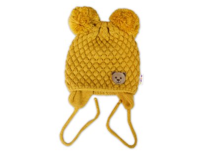 Zimní pletená čepice Teddy Bear na zavazování, hořčicová, Baby Nellys (Velikost 56-68 (0-6 m))
