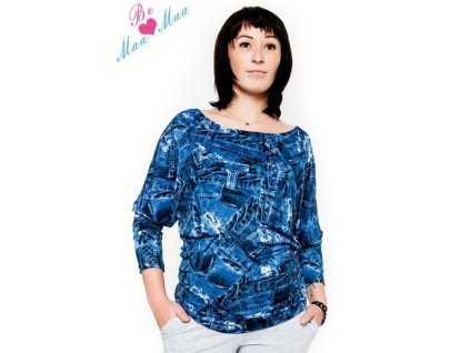 Be MaaMaa Těhotenské stylové triko, halenka s JEANS vzorem, vel. L/XL (Velikosti těh moda L/XL)