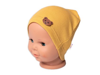 Baby Nellys Žebrovaná čepice Medvídek - hořčicová (Velikost 68/74 (6-9m))