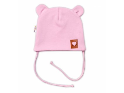 Baby Nellys Bavlněná dvouvrstvá čepice s oušky na zavazování TEDDY - růžová