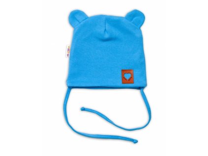 Baby Nellys Bavlněná dvouvrstvá čepice s oušky na zavazování TEDDY - modrá