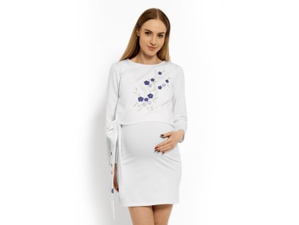 Be MaaMaa Elegantní těhotenské šaty, tunika s výšivkou a stuhou, XXL - bílé (kojící) (Velikosti těh moda XXL (44))