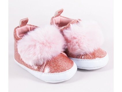 YO ! Kojenecké boty/capáčky lakýrky Girl s kožešinou - růžový brokát