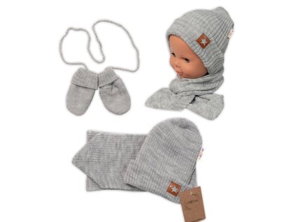 Baby Nellys Pletená čepice s šálou a rukavičky 3v1, STAR - šedá (Velikost 56/62 (0-3m))