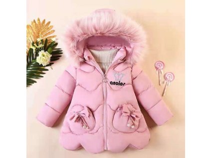 Dívčí teplý zimní kabát s kapucí s kožešinkou - motýlek a mašličky