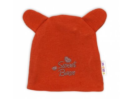 Baby Nellys Dvouvrstvá kojenecká čepička s oušky Teddy - cihlová, vel. 62 (Velikost koj oblečení 56 (1-2m))
