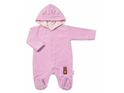 Semiškový, velurový overal s kapucí Baby Nellys New Bunny, růžový, vel. 80 (Velikost koj oblečení 80 (9-12m))