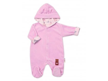 Semiškový, velurový overal s kapucí Baby Nellys Bunny II., růžový, vel. 74 (Velikost koj oblečení 74 (6-9m))
