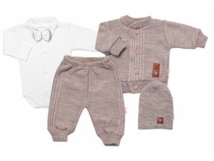 5-dílná pletená sada Baby Nellys, Boy, body, kalhoty, svetr, čepička, motýlek - béžová (Velikost koj oblečení 56 (1-2m))