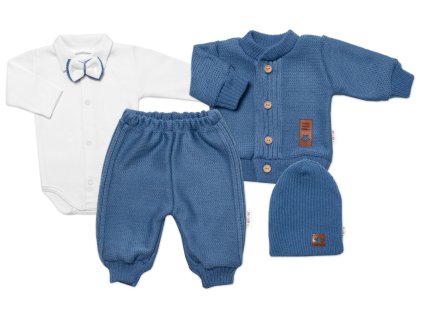 5-dílná pletená sada Baby Nellys, Boy, body, kalhoty, svetr, čepička, motýlek - modrá (Velikost 56 (1-2m))