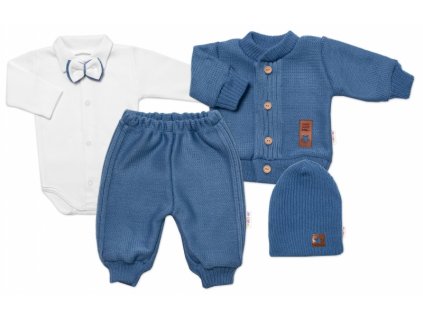5-dílná pletená sada Baby Nellys, Boy, body, kalhoty, svetr, čepička, motýlek - modrá (Velikost koj oblečení 56 (1-2m))