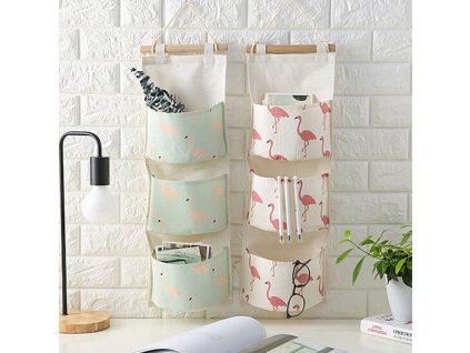 Flamingo Pattern Cotton Linen Hanging Storage Bag 3 Pockets Wall Mounted Wardrobe Hang Bag Wall Pouch 43