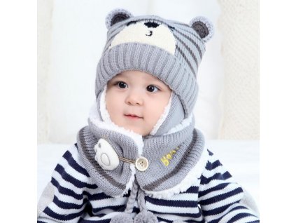 Unisex Child Beanies Cap Set Baby Kids Cartoon Design Stripe Knit Add Velvet Hat and Scarf 5