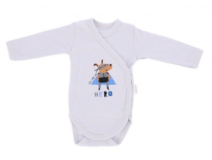Kojenecké body, dlouhý rukáv Mamatti, zap. bokem, Hero, šedé (Velikost koj oblečení 50 (0-1m))