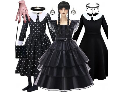 Dětské šaty (kostým) s dlouhým rukávem Wednesday Addams + doplňky