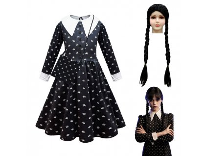 Dětské šaty (kostým) s dlouhým rukávem Wednesday Addams + doplňky