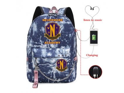 Dětský studentský batoh s potiskem Wednesday Addams akademie NEVER MORE s USB nabíjením, model Galaxy