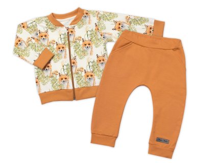 Stylová bavlněná tepláková souprava G-baby, Lišky - hořčicová (Velikost 86 (12-18m))