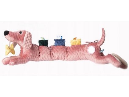 Multifunkční senzorická hračka Hencz Toys s chrastítkem a zrcátkem - Pejsek, pudrová