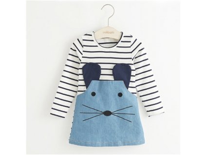 TANGUOANT Striped Patchwork Character Girl Dresses Long Sleeve Cute Mouse Children Clothing Kids Girls Dress Denim long sleeve