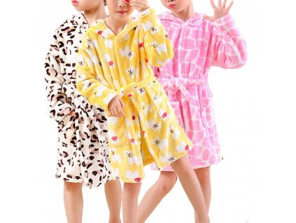 Kids Boys Girls Hooded Bathrobe Flannel Sleeve Pajamas Cartoon Animal Belt Sleepwear Autumn Winter Warm Housecoat 2