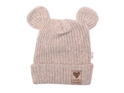 Pletená bavlněná čepice s oušky, dvouvrstvá, Hand Made Baby Nellys, béžová (Velikost 56/62 (0-3m))