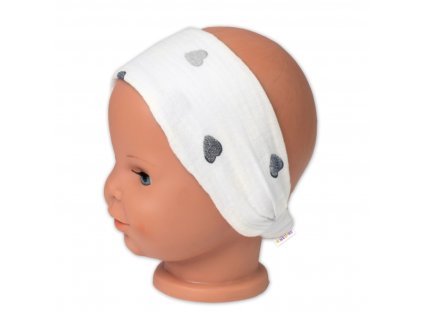 Letní čelenka, bandana, mušelín, Srdíčka, Baby Nellys - smetanová, vel. 104/110 (Velikost koj oblečení 104/110 (3-5r))
