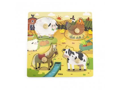 Dětské dřevěné puzzle s úchyty Viga Farma 4 ks (Barva Multicolor)