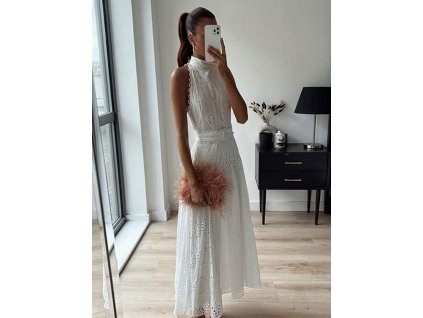 Embroidery Hollow Out Midi Dress Women Fashion Ruili White (4)