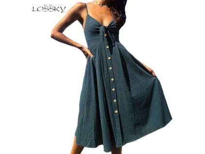 Sexy Bow Backless Polka Dots Print Beach Summer Dress Women 2019 Cotton Deep V Neck Buttons 1