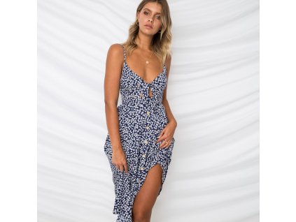 Sexy Bow Backless Polka Dots Print Beach Summer Dress Women 2019 Cotton Deep V Neck Buttons 0848blue