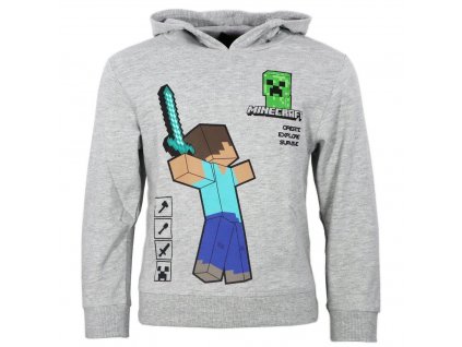 MIKINA MINECRAFT šedá s kapucí, potisk Steve a Creeper