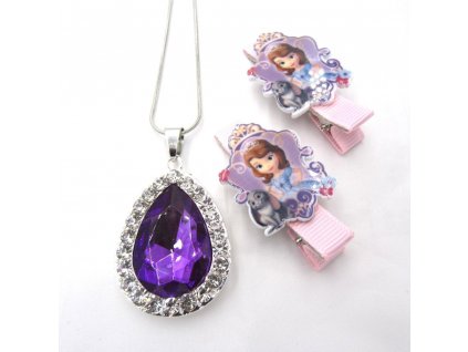 1set Sofia The First Necklace For Kids Girl Hairpin Purple Amulet Pendant Necklaces Children Hairwear Birthday Model 2