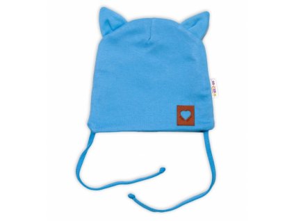 Baby Nellys Bavlněná dvouvrstvá čepice s oušky na zavazování FOX - modrá