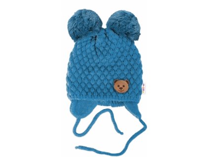 Zimní pletená čepice Teddy Bear na zavazování, modrá, Baby Nellys (Velikost koj oblečení 68-80 (6-12m))