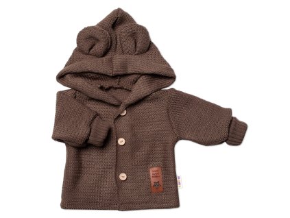Dětský elegantní pletený svetřík s knoflíčky a kapucí s oušky Baby Nellys, hnědý (Velikost 56 (1-2m))