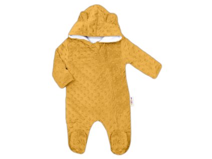 Baby Nellys Kombinézka/overálek MINKY s kapucí a oušky - hořčice (Velikost 80 (9-12m))
