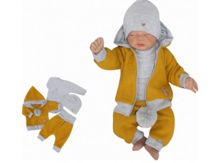 Z&Z 4-dílná pletená soupravička, kabátek, tepláčky, čepička a body, hořčicová-šedá, vel.86 (Velikost koj oblečení 86 (12-18m))