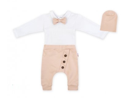 Baby Nellys 3-dílná sada Hubert, body s motýlkem, tepláčky a čepička - béžový, vel. 86 (Velikost koj oblečení 86 (12-18m))