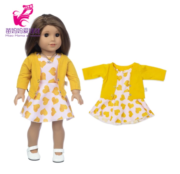 Oblečení a svatební šaty PRO PANENKU AMERICAN GIRL A BABY BORN 43-45 CM Varianta: žluté šaty se srdíčky + žlutý kabátek