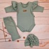 Body s volánky, legíny do zvonu a čepička, 3D, bavlna, olivová (Velikost koj oblečení 62 (2-3m))