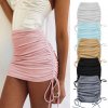 woman Summer mini skirts solid color cotton folds ladies knitting thread side draw string elastic sexy.jpg