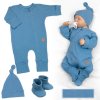 Rostoucí žebrovaný overálek, čepička a botičky, 3D, Nature -jeans (Velikost koj oblečení 50/56 (0-2m))