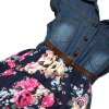 Letní tmavě modré denim šaty s květovanou sukní, s doplňky