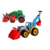 Traktor/nakladač/bagr se 2 lžícemi plast na volný chod 2 barvy v síťce 16x35x16cm